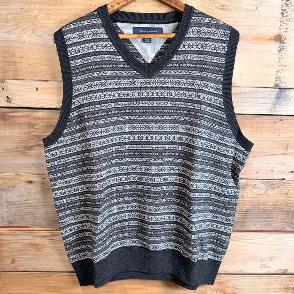 Tommy Hilfiger Fair Isle Sweater Vest Size M Gray Cotton V-Neck